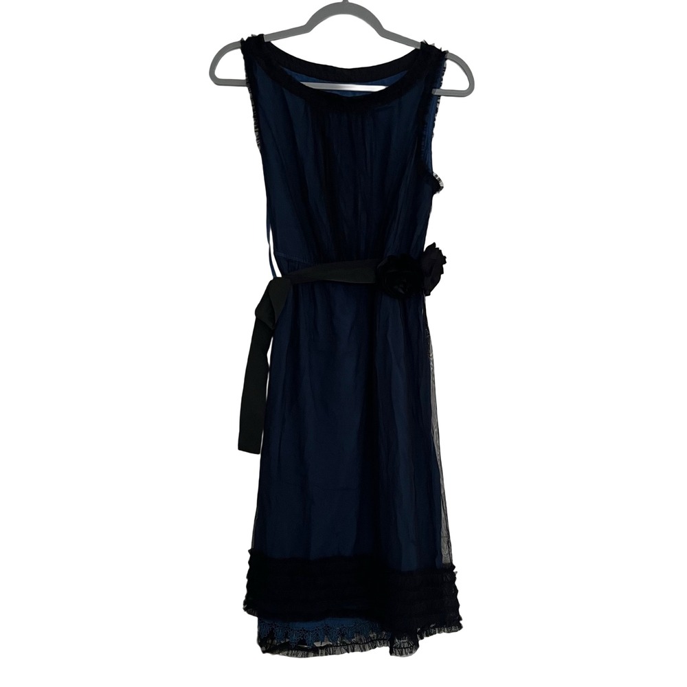 Moulinette Soeurs Dress Women M Navy Blue Tulle Rosette Lace Trim Chic Elegance